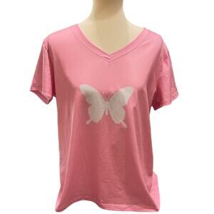 Woman's Pink Butterfly V-Neck T-shirt